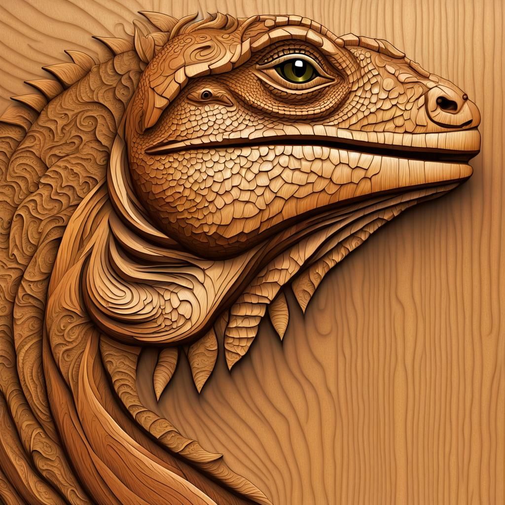Carved Wooden Iguana Head Portrait