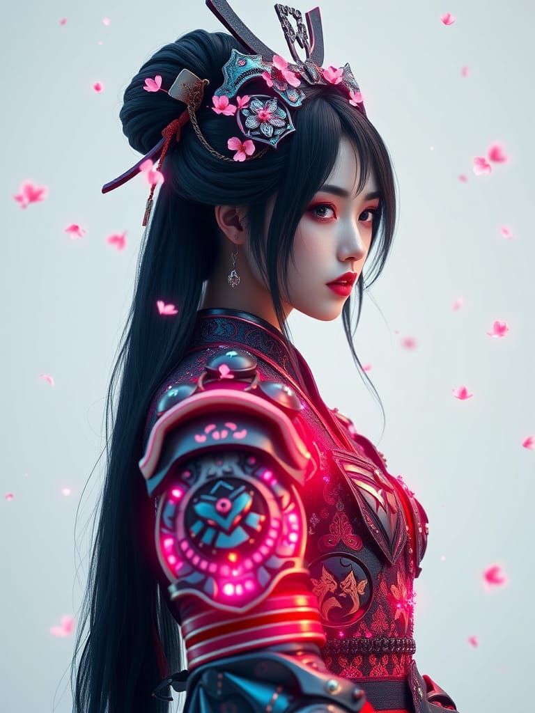 Regal Cyberpunk Geisha Warrior in Iridescent Samurai Armor