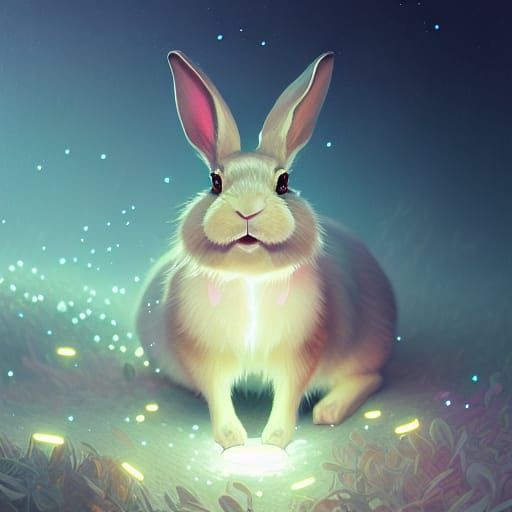 Rabbit Surrounded by Luminous Crystals in Digital Art