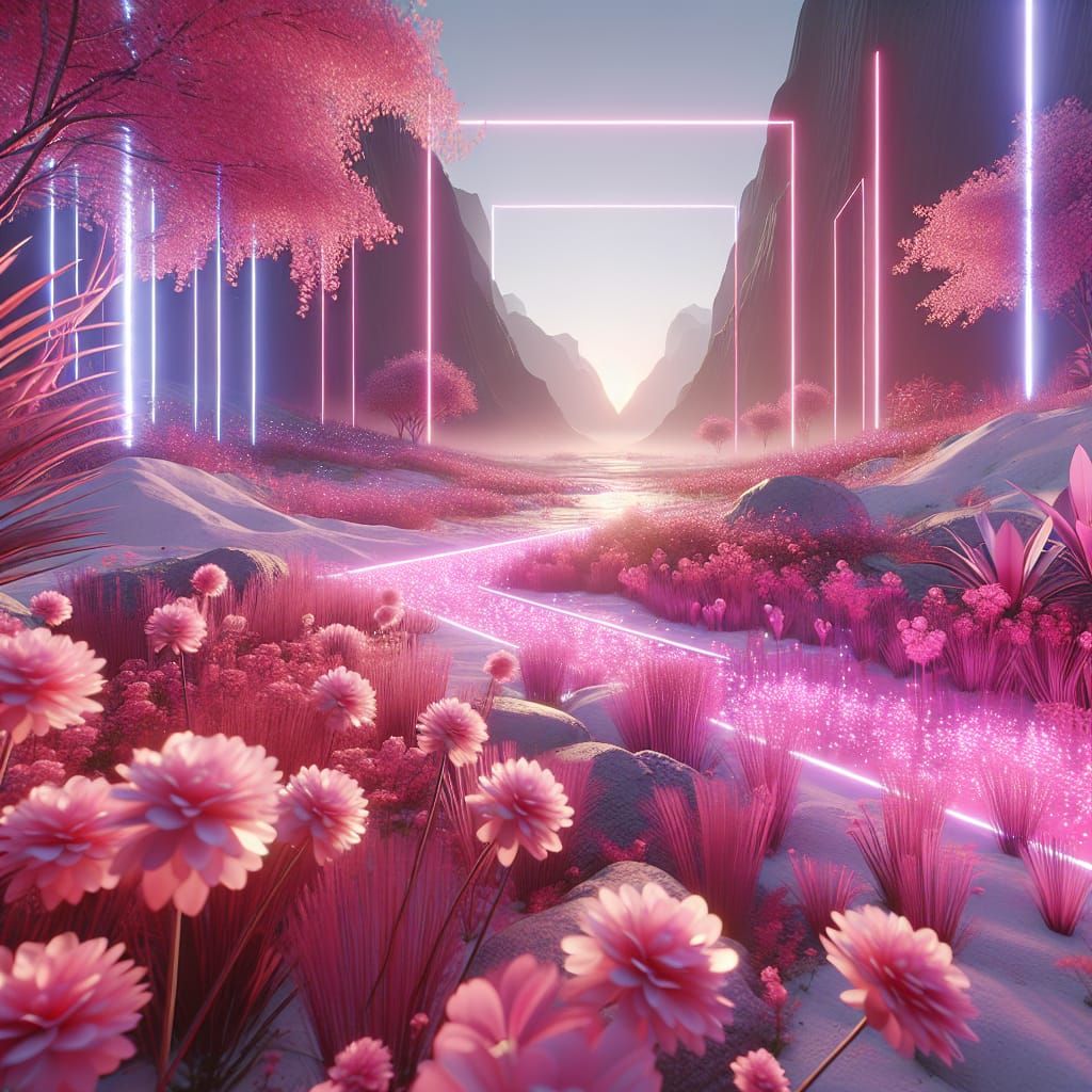 Hyperrealistic 3D Landscape with Pink Neon and Flowers
