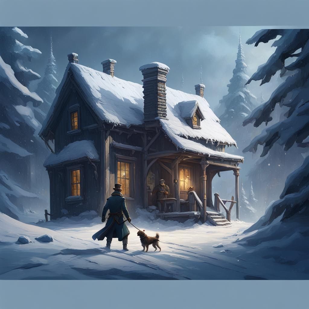 Winter Landscape Painting with Hunter and Dog