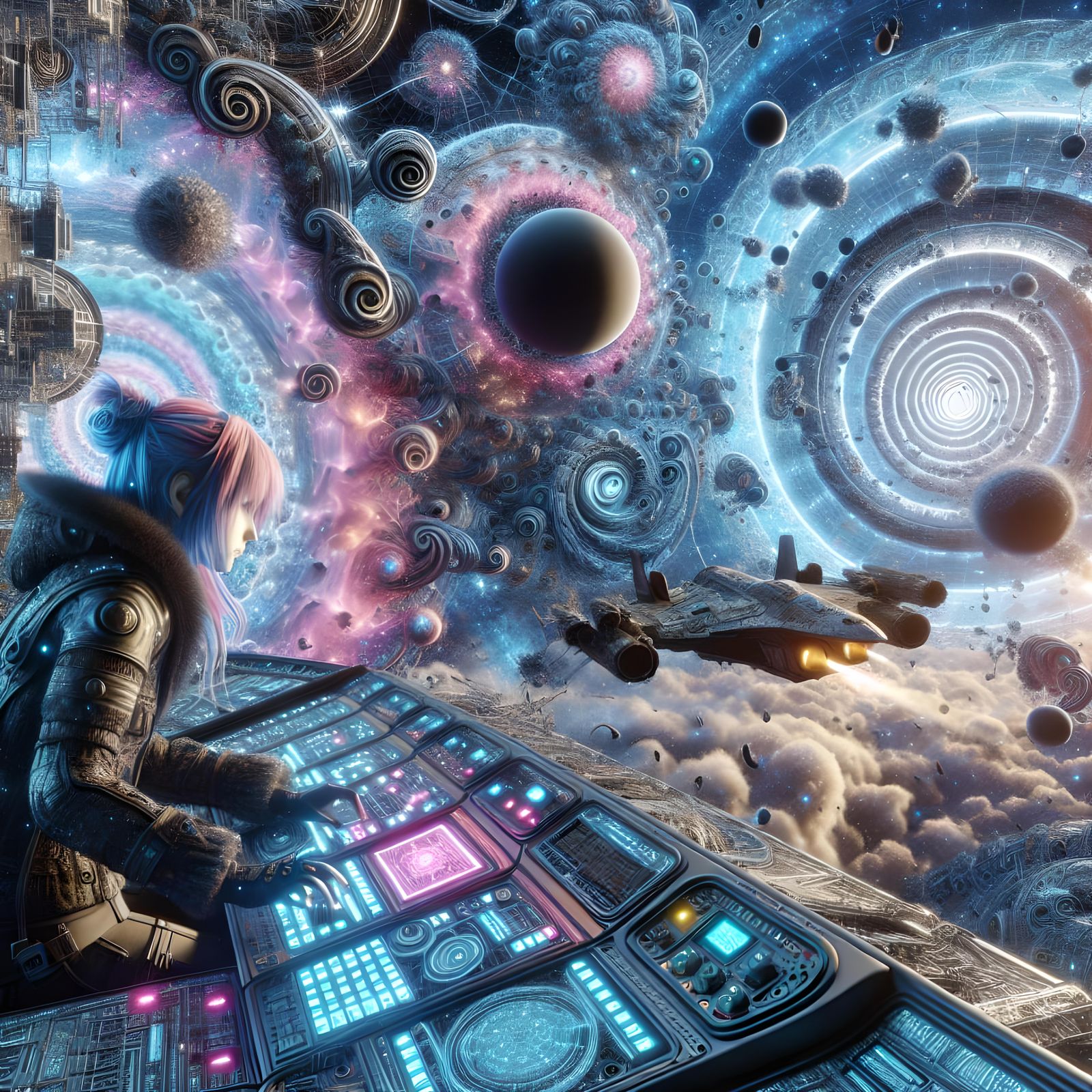 Cypher Punk Girl in Spaceship, 3D Render