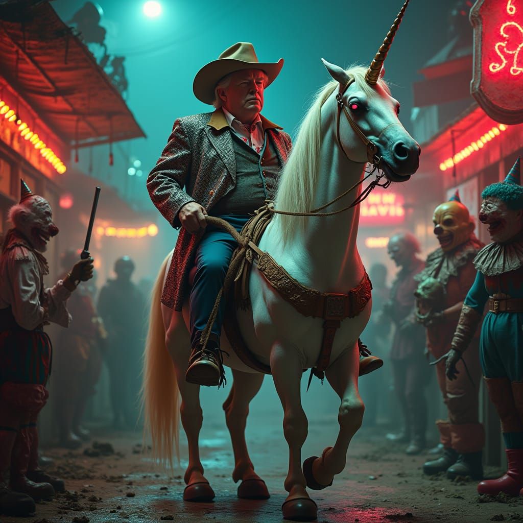 Gaudy Cowboy Trump and Diseased Unicorn Plod Through Post-Ap...