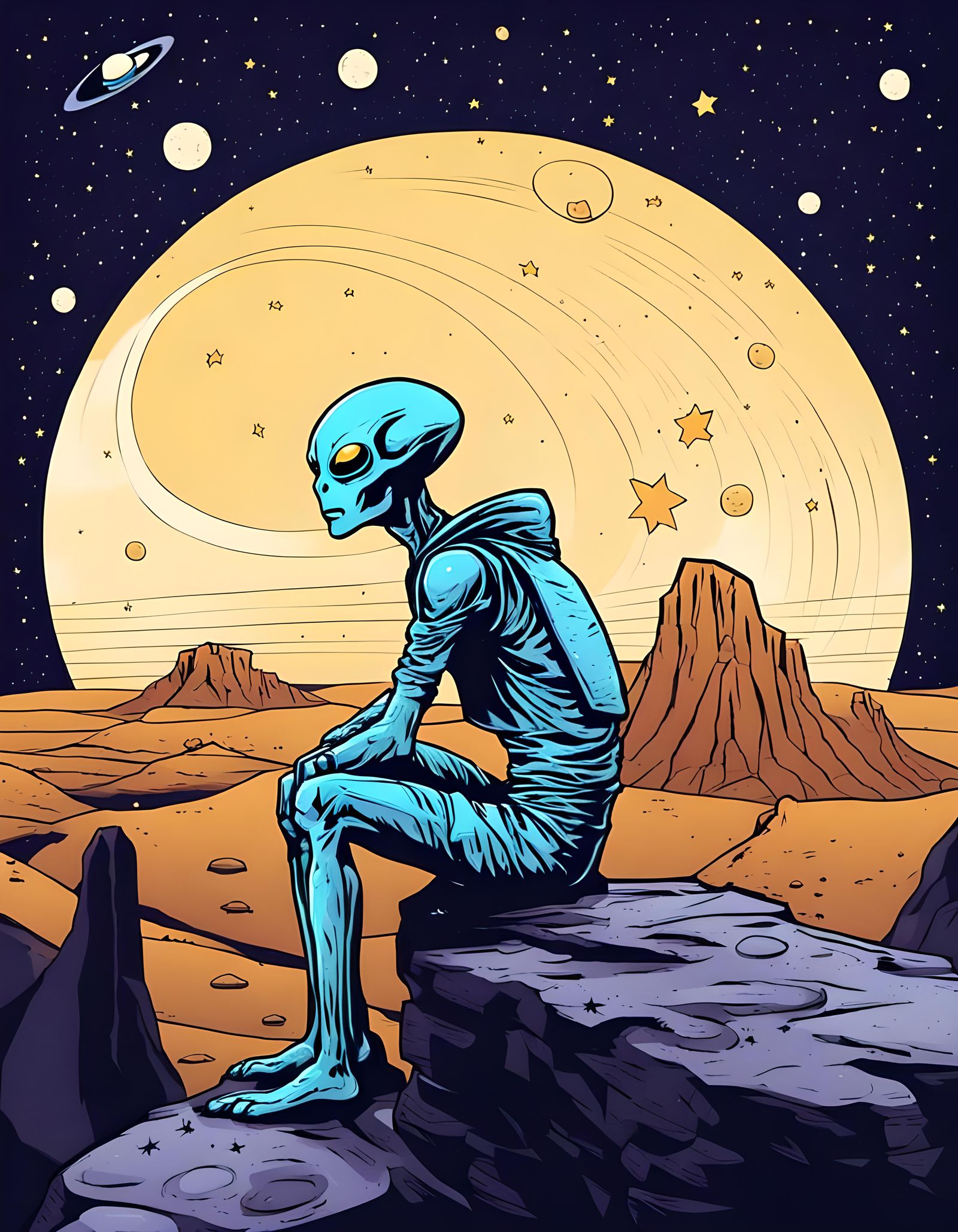 Alien Contemplates Starry Sky in Comic Style