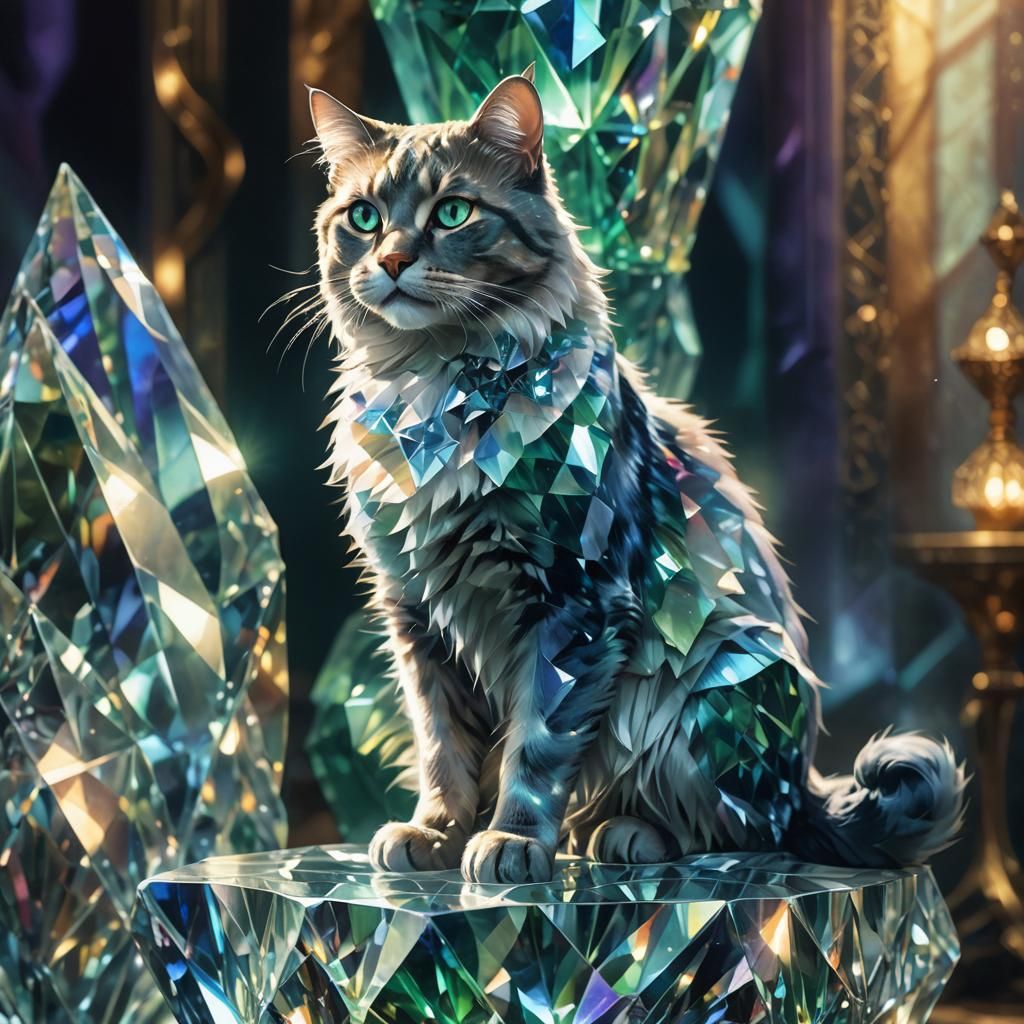 Crystal Diamond Cat in Mystical Chamber: Concept Art
