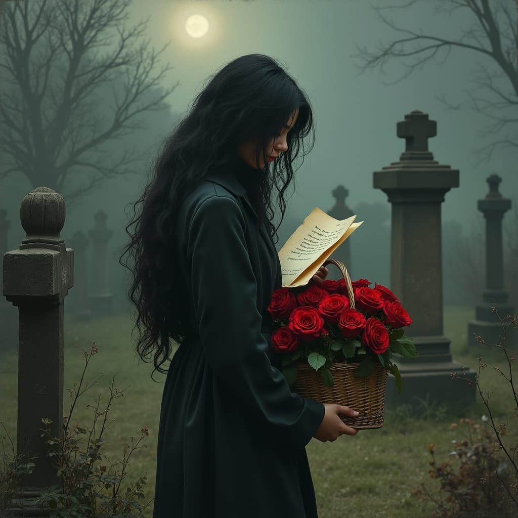 Woman in Graveyard Reading Letter, in Impressionist Style