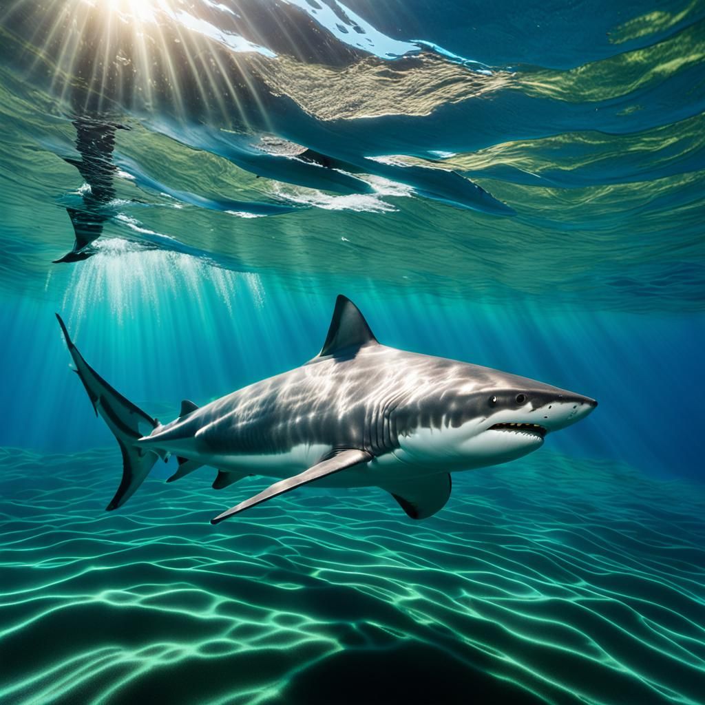 Tiger Shark in Blue-Green Ocean: Photorealistic Macro Shot