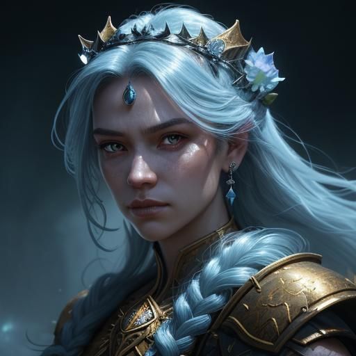 Icy Fantasy Warrior Princess Portrait in Golden Hour Lightin...