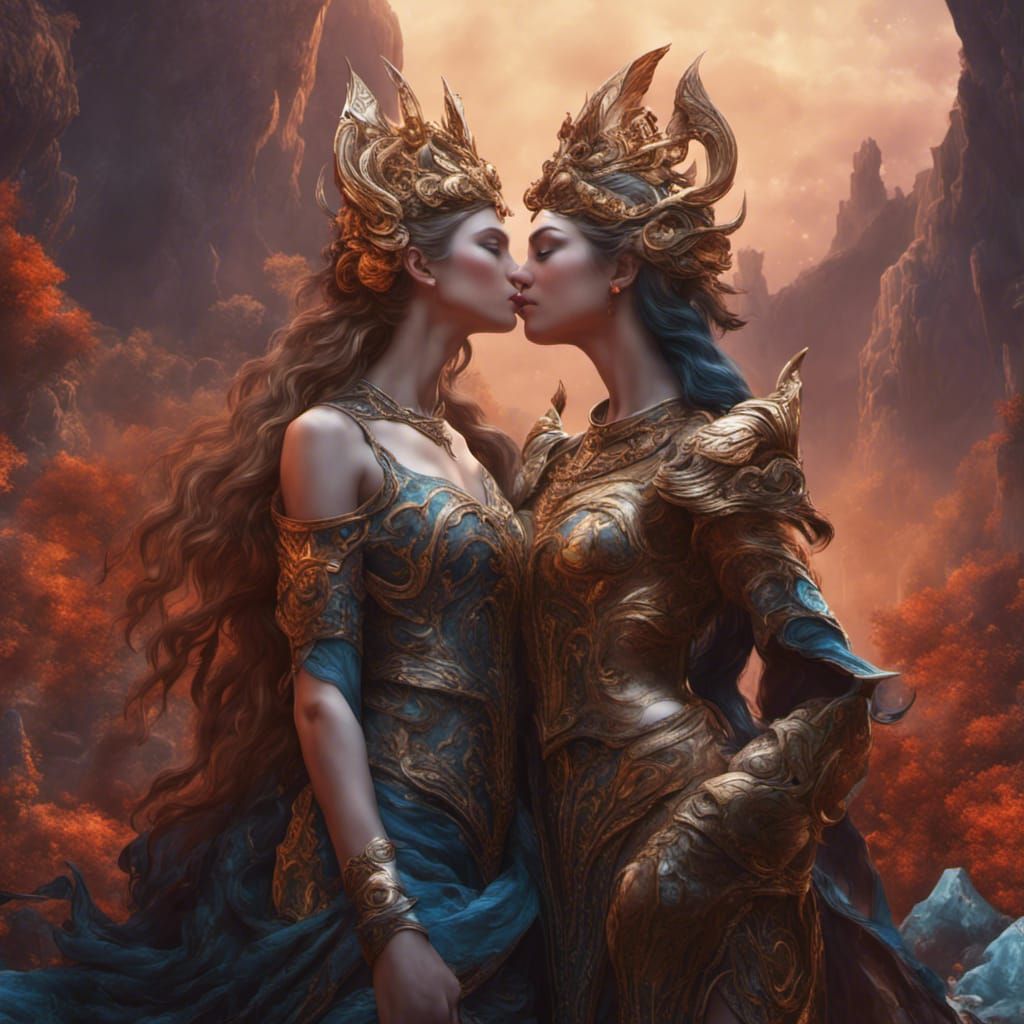 Goddesses Kissing in a Fantasy Concept Art