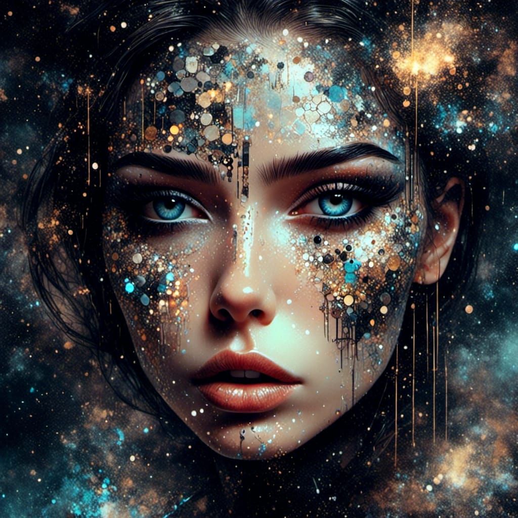 Art Deco Portrait of Woman Amidst Galactic Dust