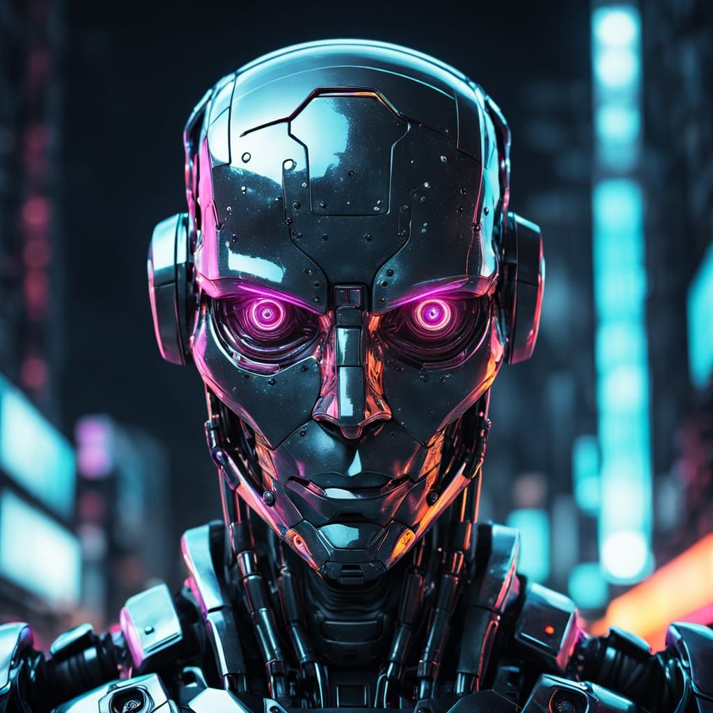 Cyberpunk Robot Portrait in Vibrant Neon Colors