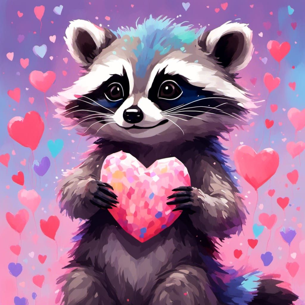 Adorable Raccoon Holding Pastel Heart