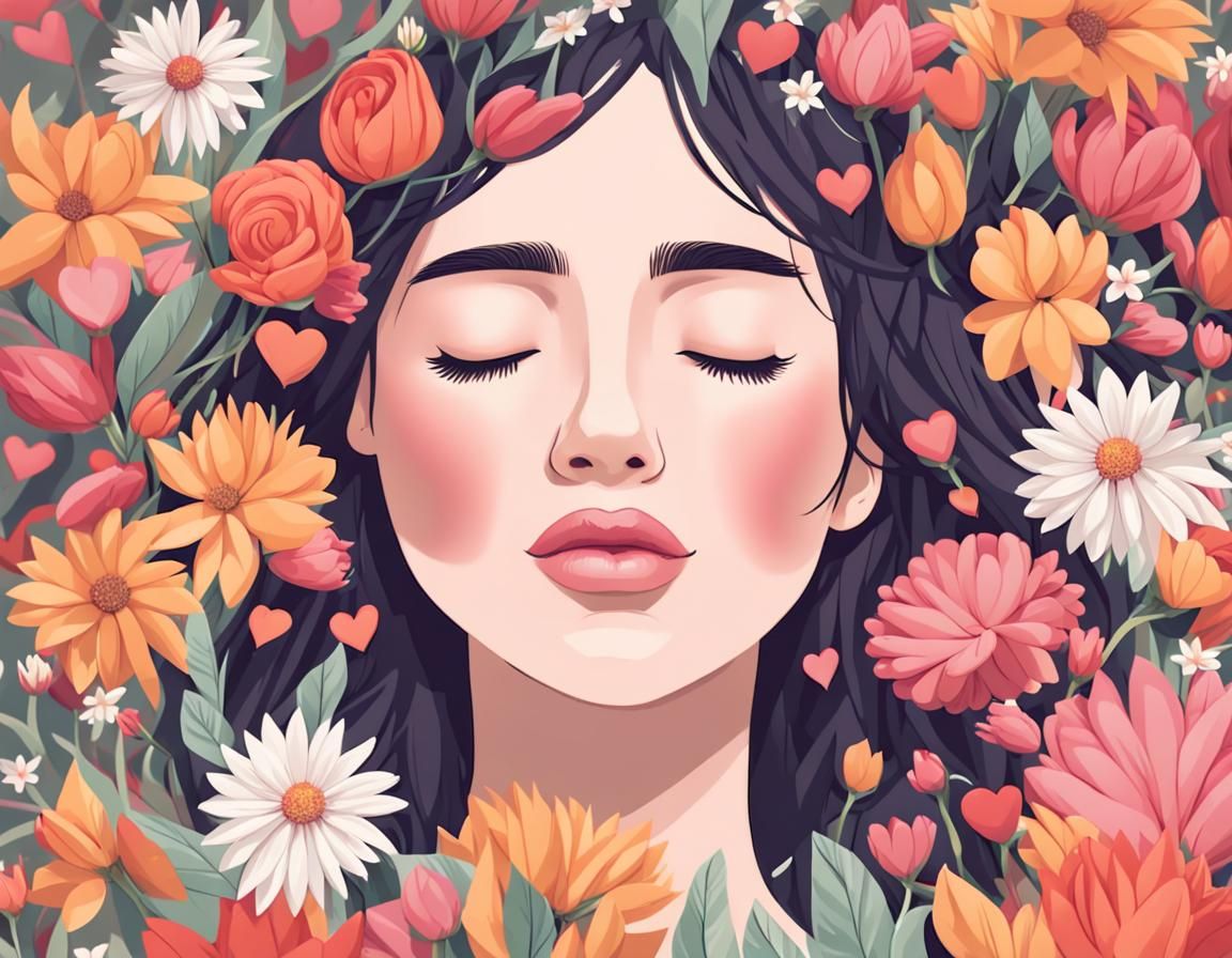 pretty girl round face closed eyes, surrounded by flowers, appreciation, gratitude, heart filled with happiness