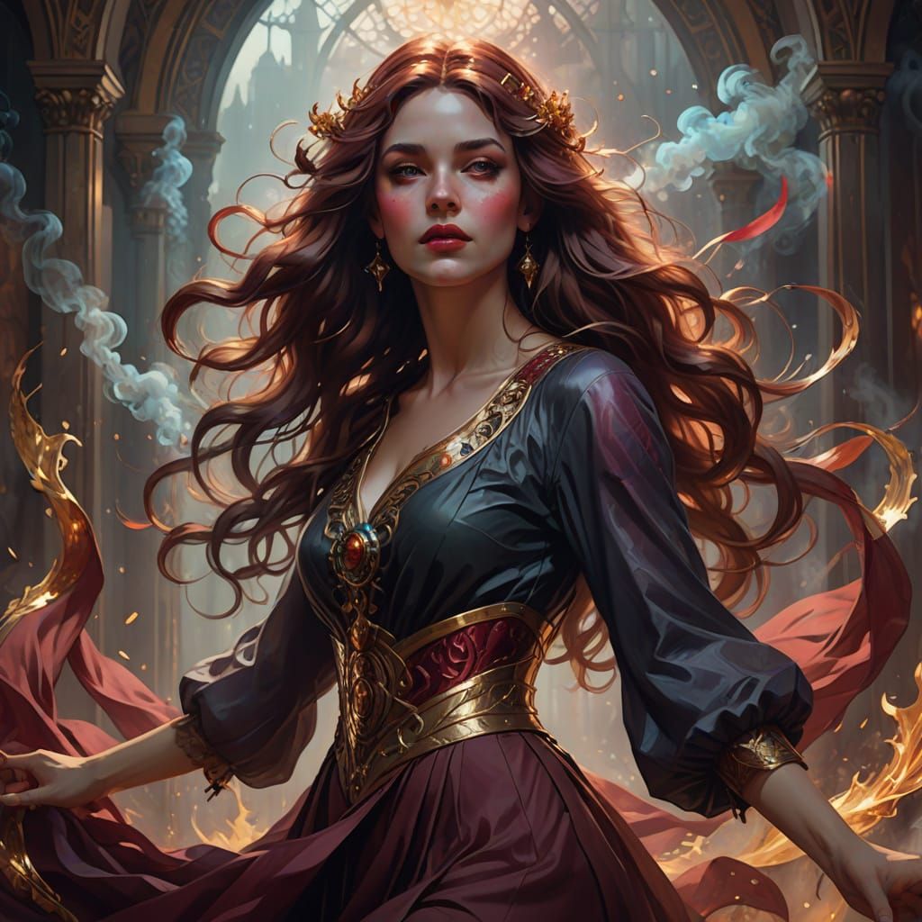 Pensive Woman in Dreamlike Smoke with Dynamic Lighting