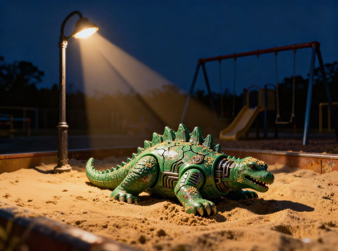 Godzilla Toy Lost in Sandbox Under Lamplight