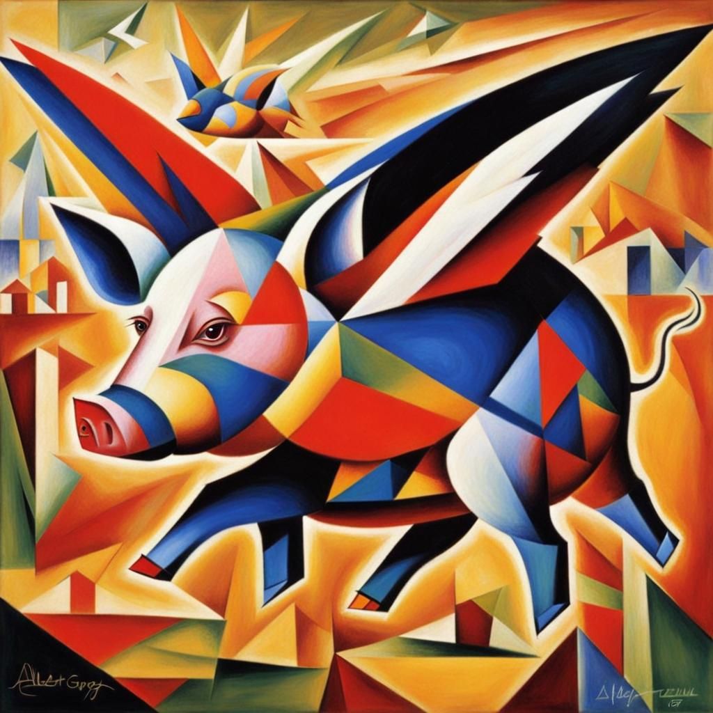 Abstract Cubist Flying Pig Art