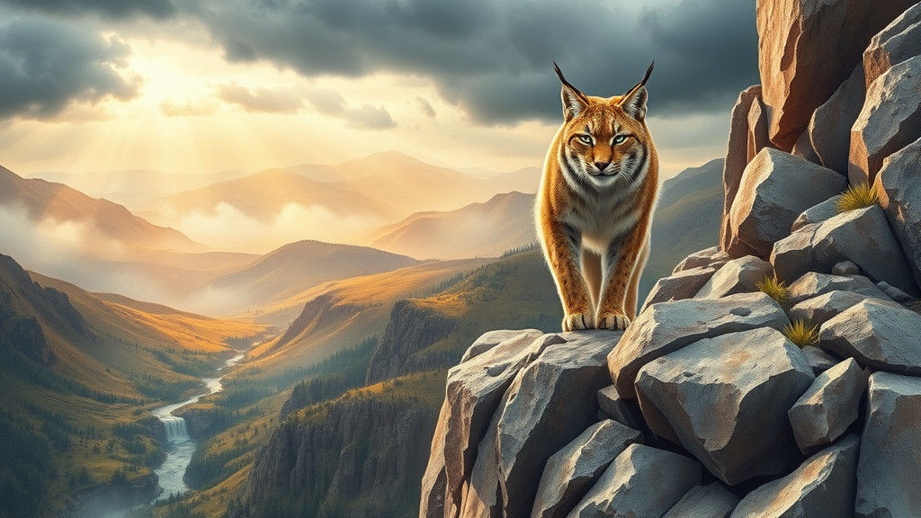 Lynx Overlooking Wild Landscape as Watercolor Painting