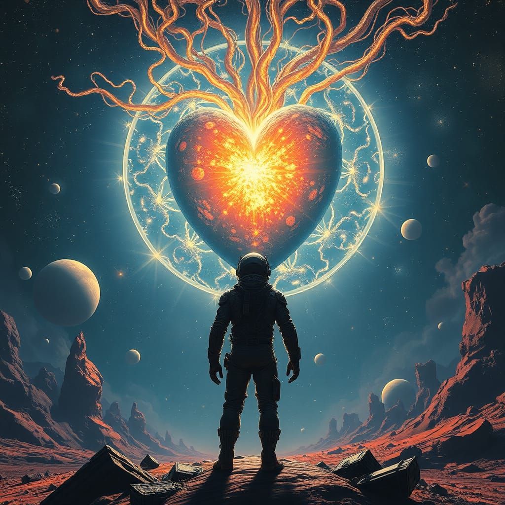 Explorer at Dying Star Heart in Surreal Biomech Style