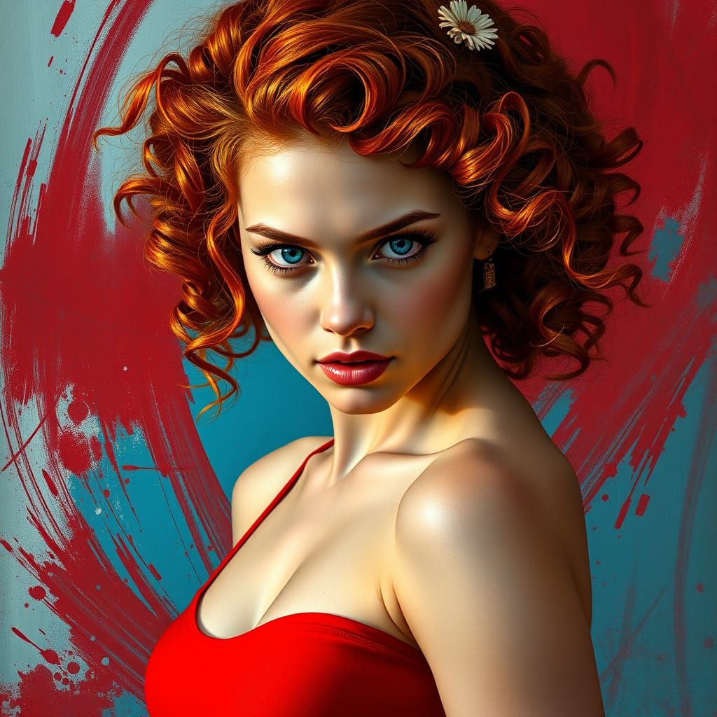 Curly Red Haired Woman in Vibrant Portrait Style
