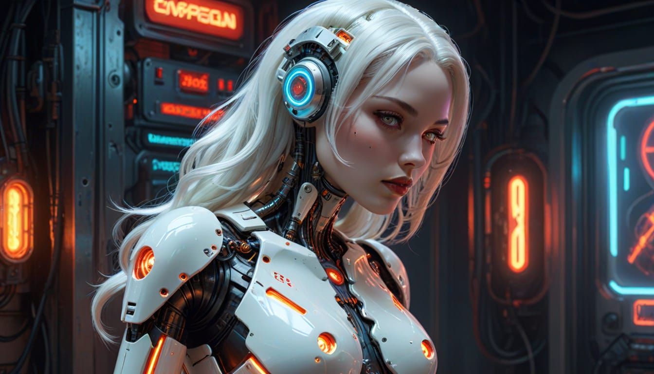 Cyberpunk Gynoid Pinup with Neon Lights