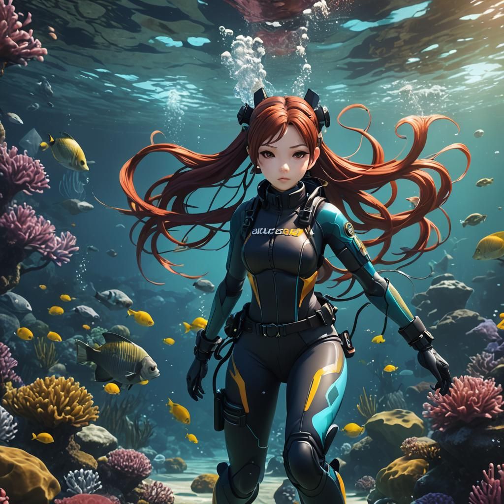 Anime Girl in Scuba Gear: Underwater Fantasy Art