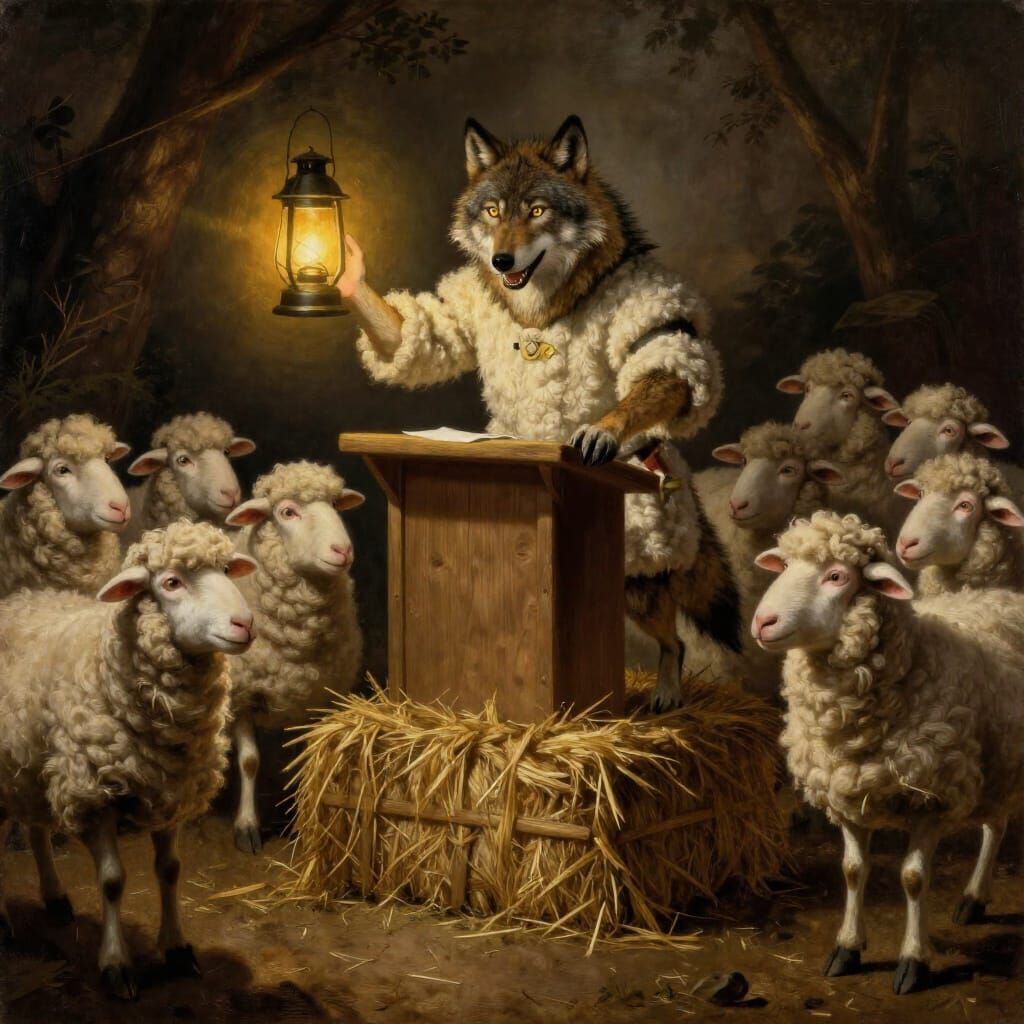 Wolf in Sheep Costume Preaching to Bewildered Flock