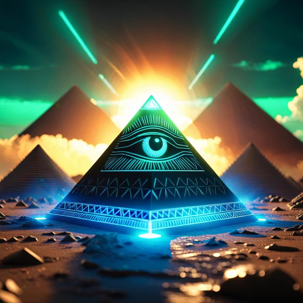 Glowing Pyramid with Eye, Hyperrealistic 3D Render