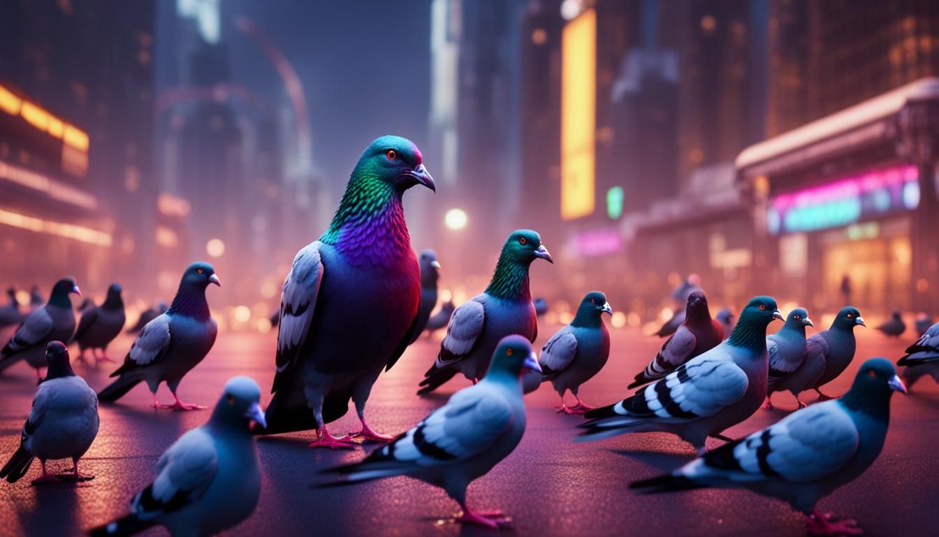 Neon City Pigeons in Hyperrealistic Style