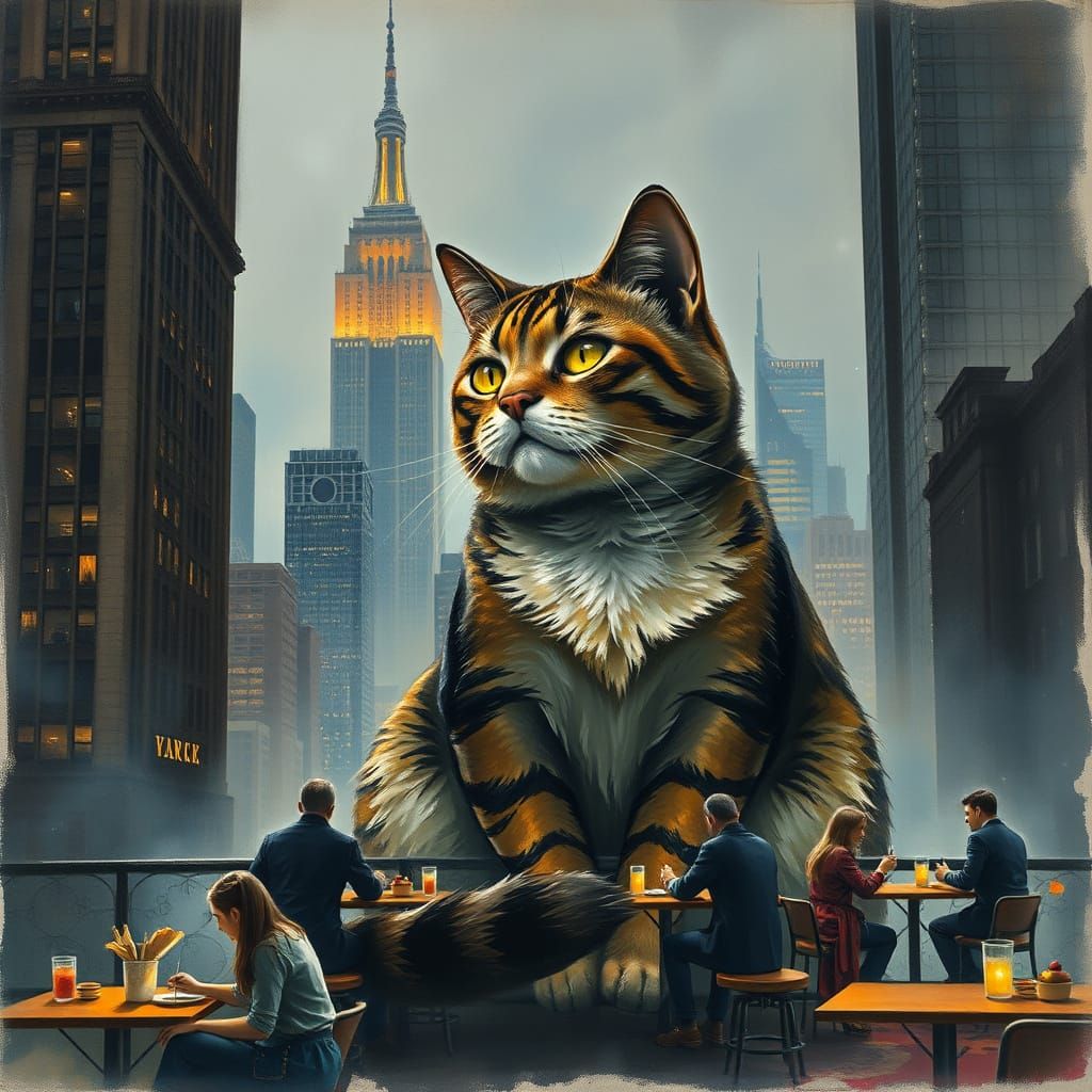 Gigantic Cat Watching New York, Fantasy Charcoal Drawing