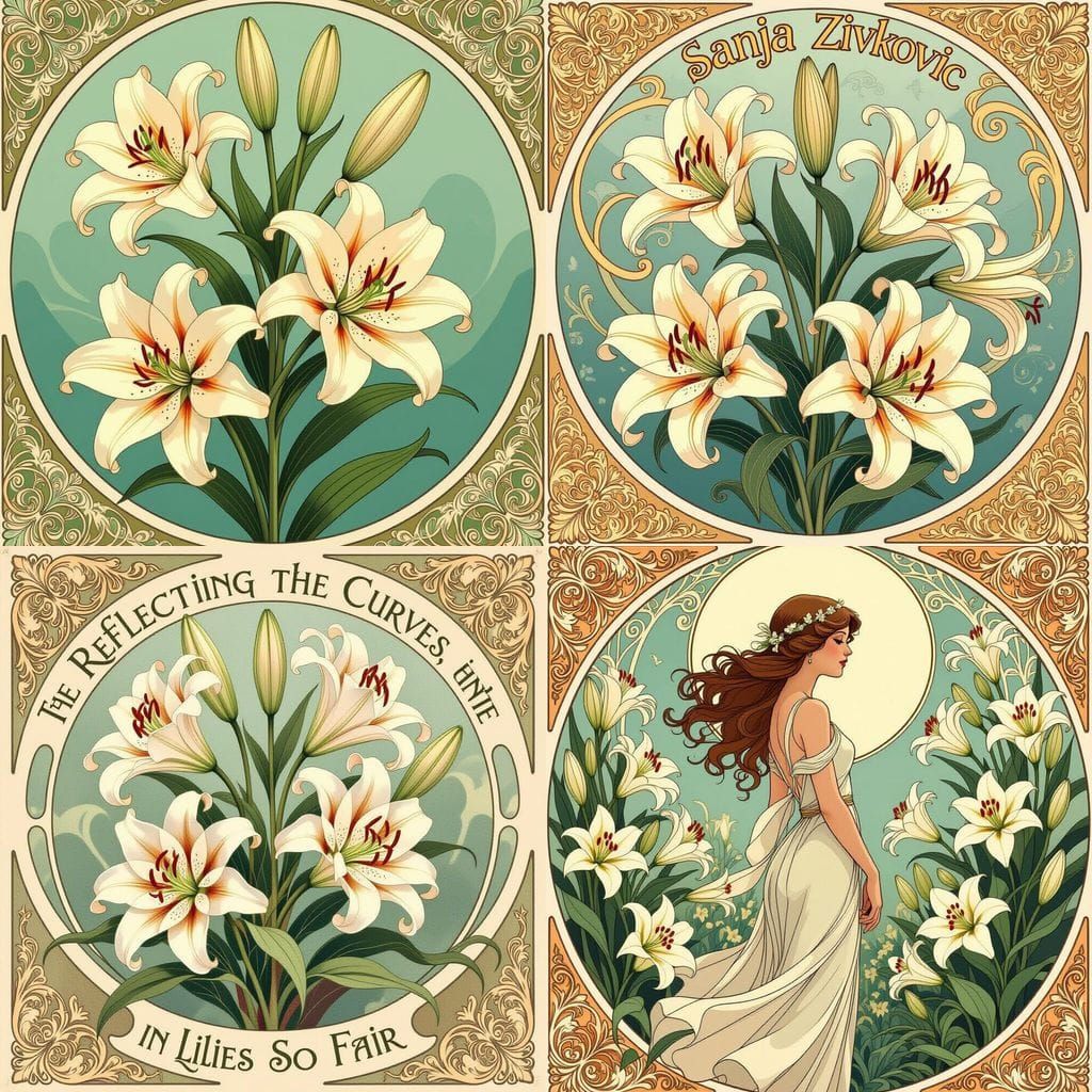 Art Nouveau Lilies Poem in Elegant Curves