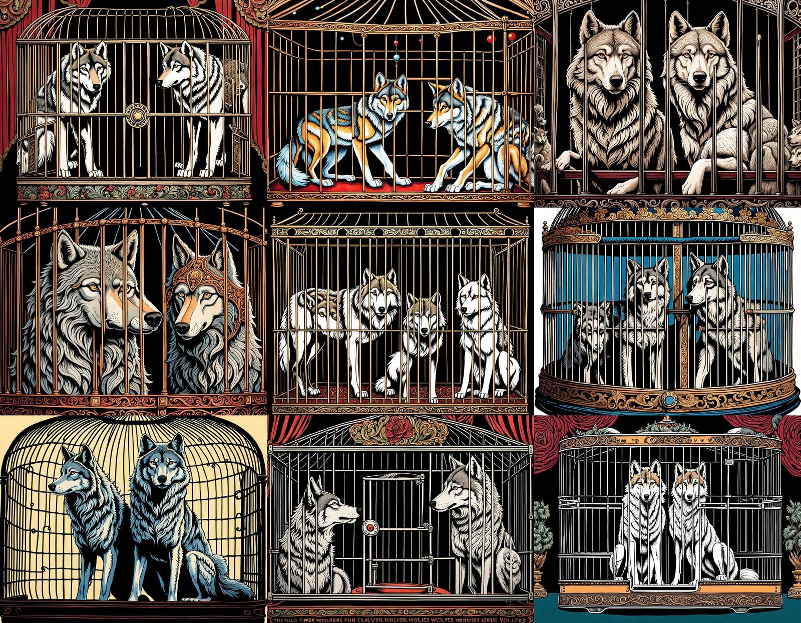 Timber Wolves in Circus Cage, Ornate Detailed Art