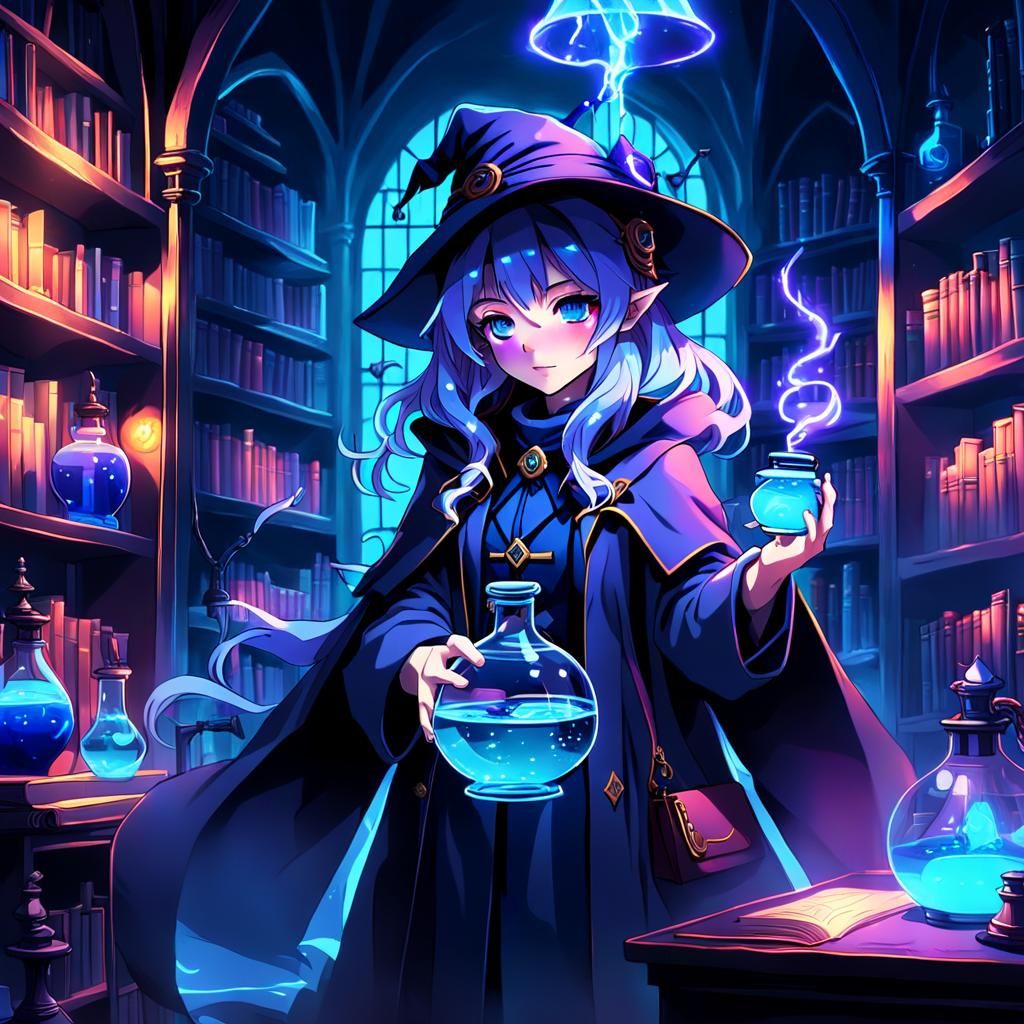 Anime Mage Girl Examines Neon Potion in Study