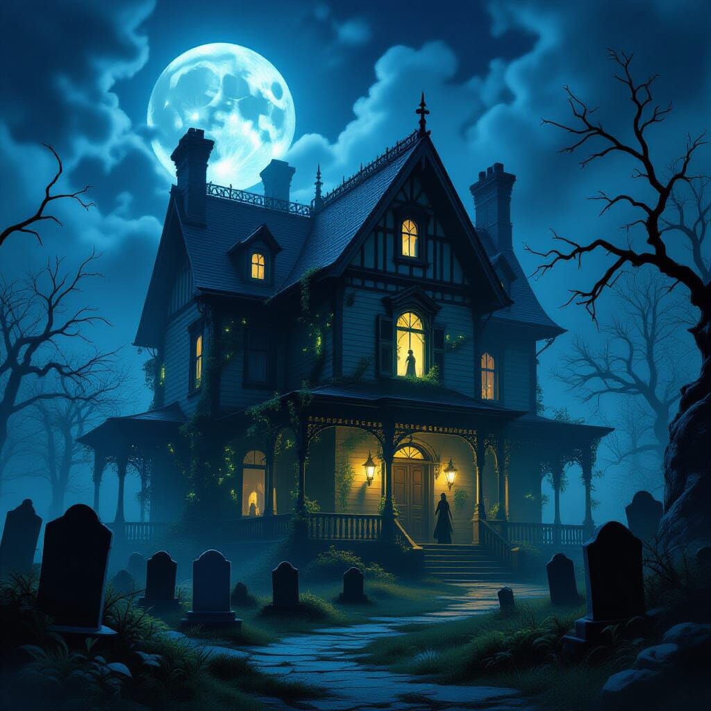 Gothic Horror Manor Under Full Moon