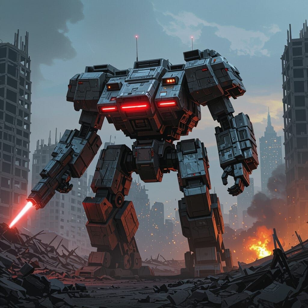 Urban Warfare Mech in Dystopian Cityscape