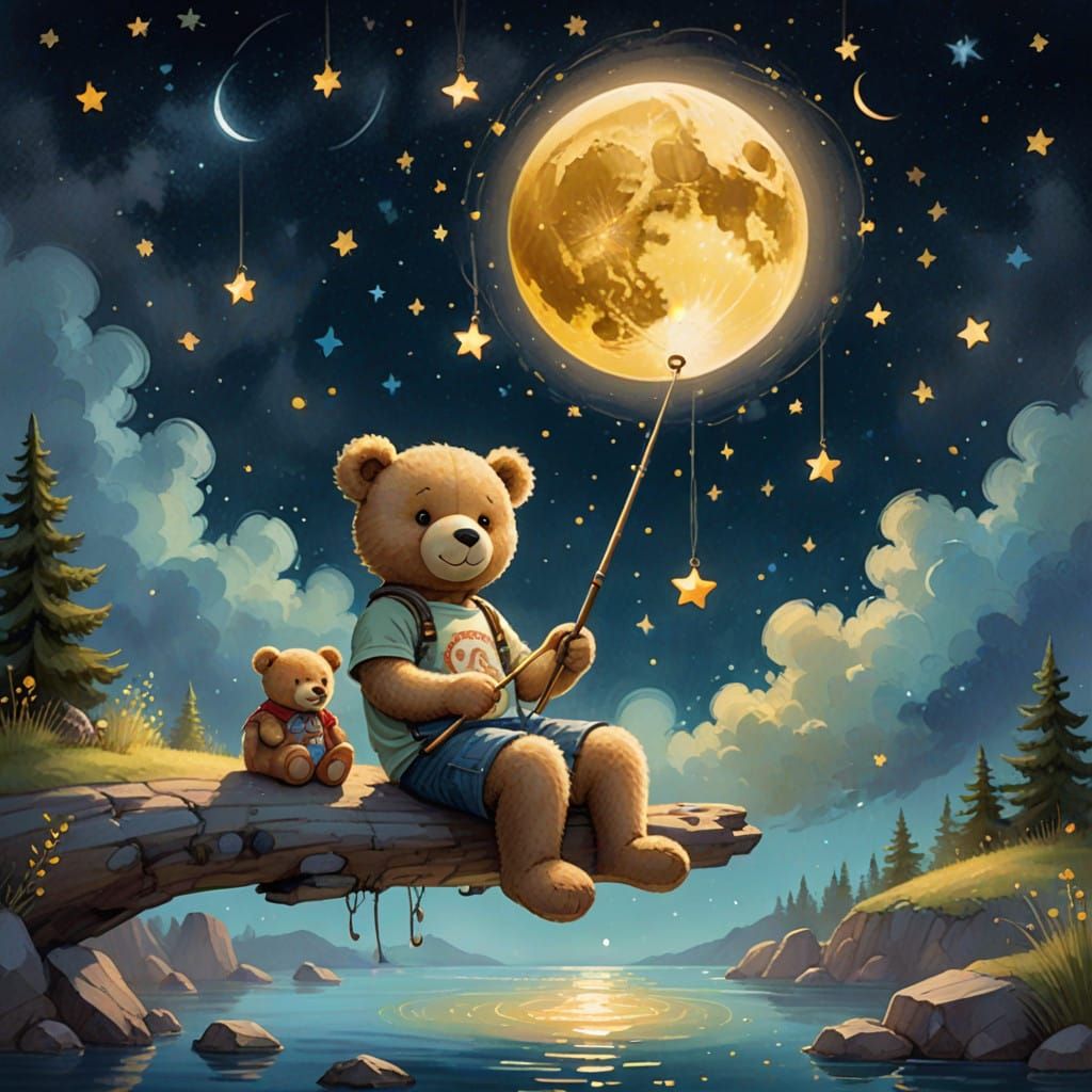 Whimsical Moonlit Boy Fishing Adventure