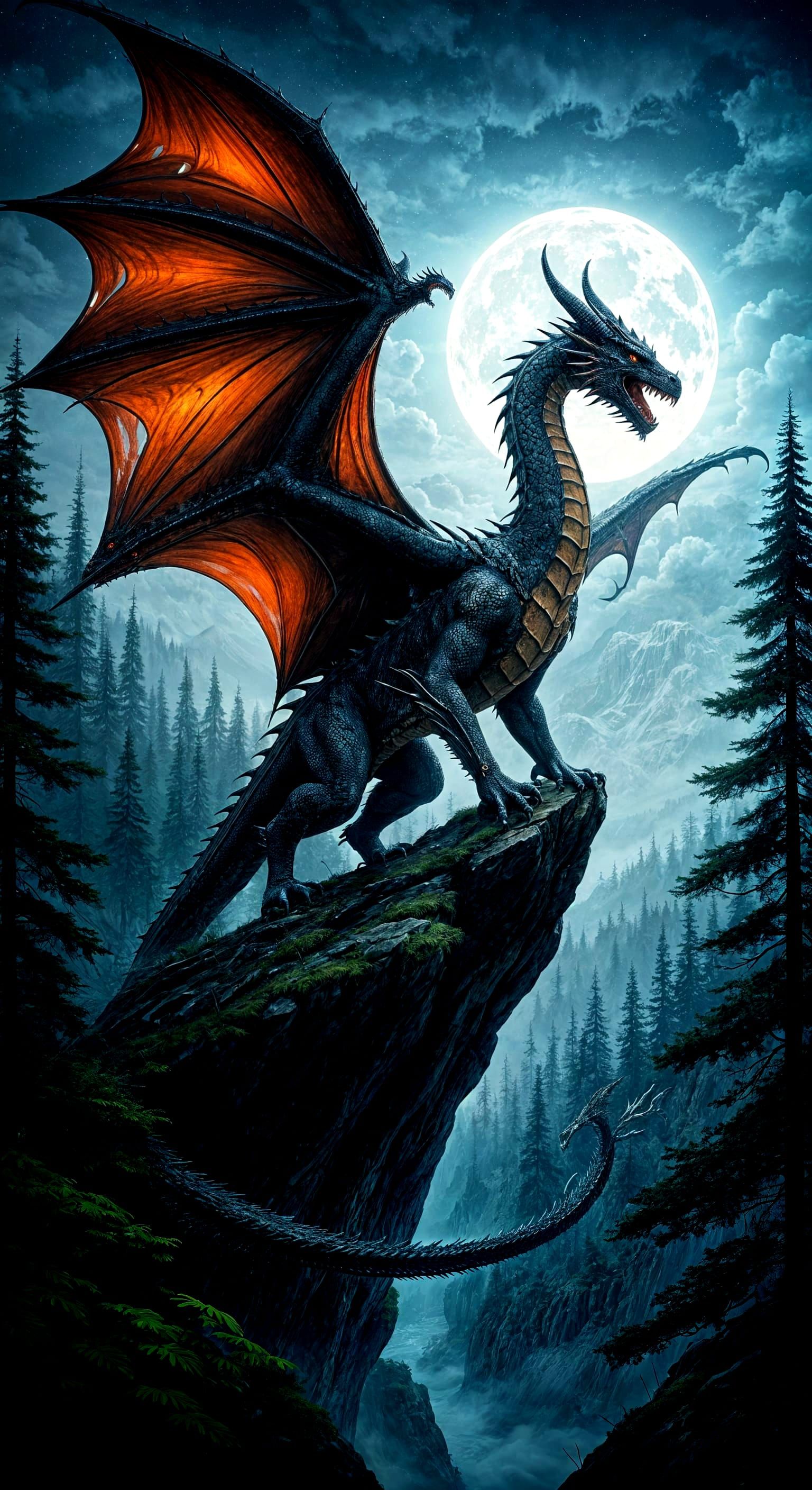 Dragon Under Pale Moonlight in Whimsical Fantasy Landscape