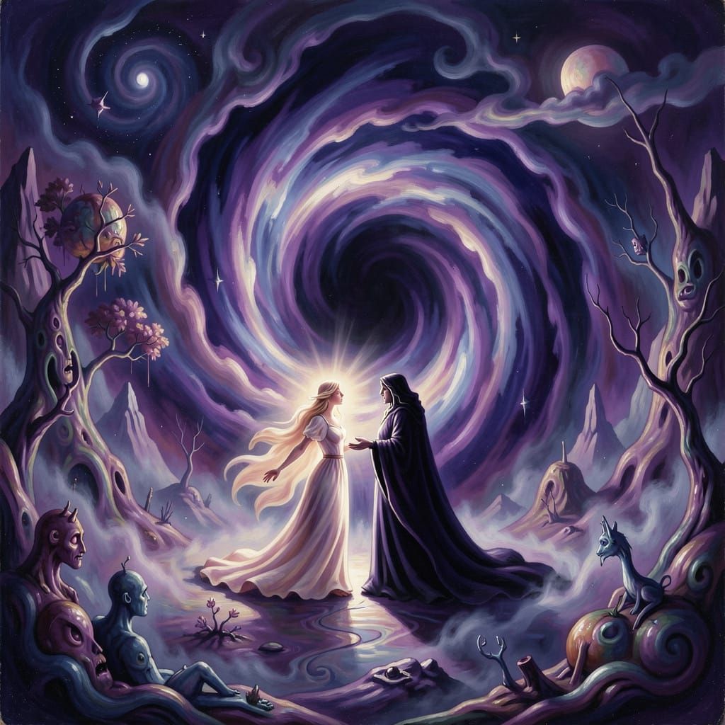 Surreal Dreamscape with Light and Shadow Figures