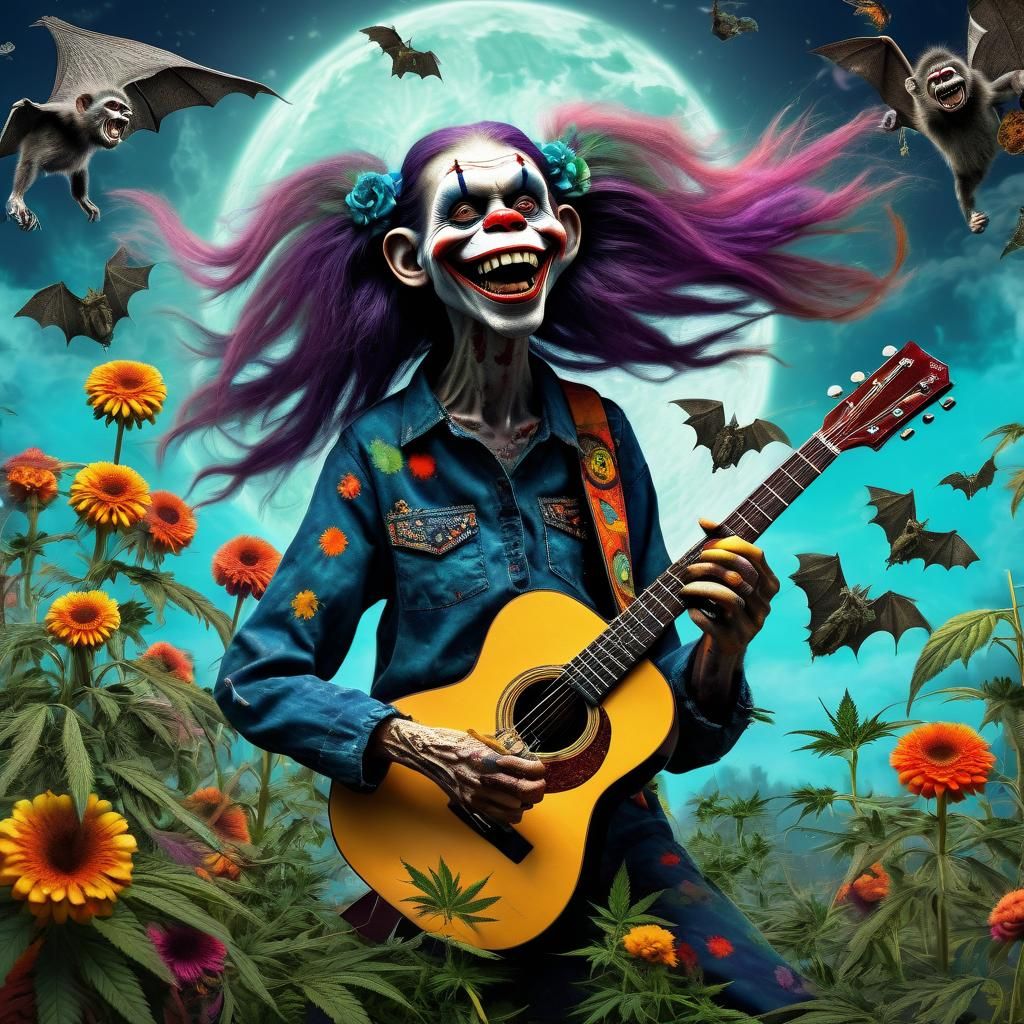 Psychedelic Hippie Zombie Monkey Grins Maniacally With Guita...