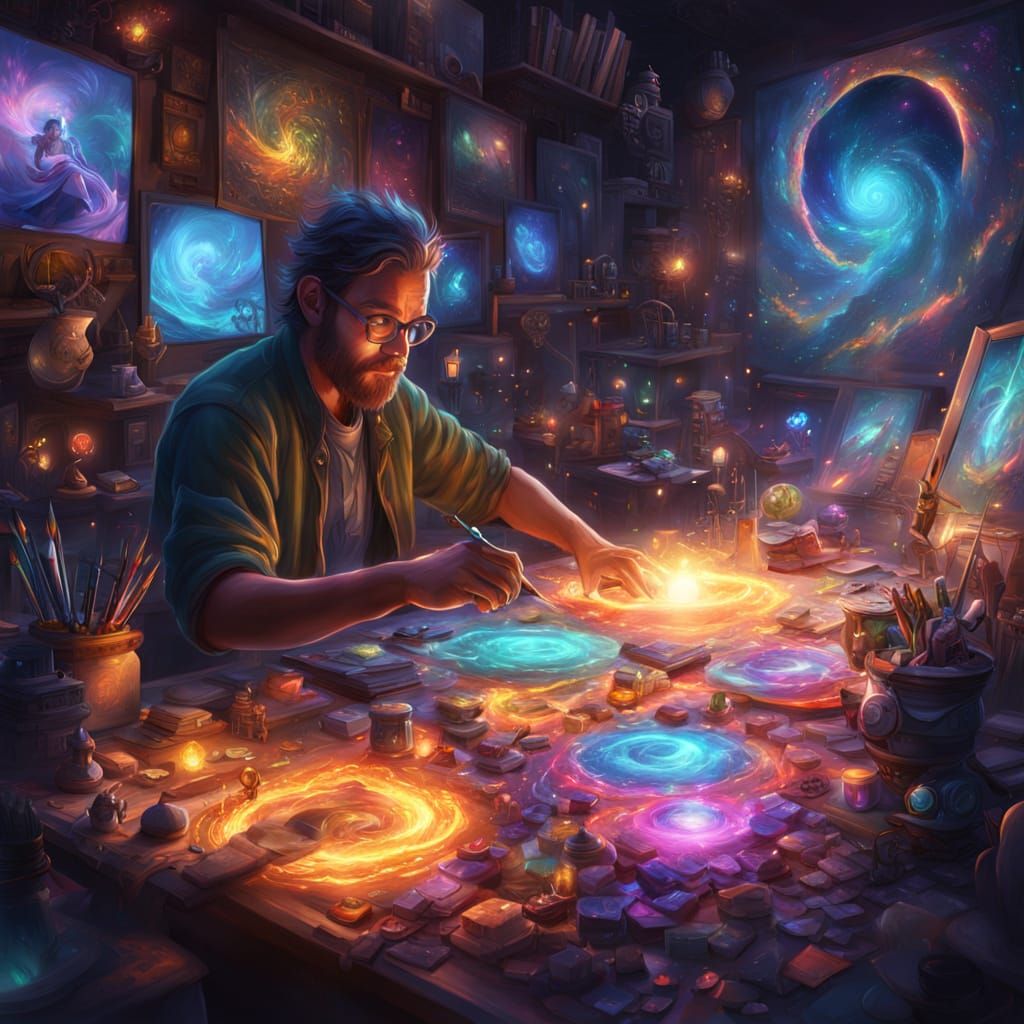 Magical Artist Paints Cosmic Scene in Vibrant Digital Art