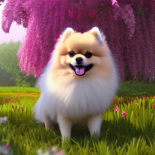 Pomeranian in Flower Garden: Fantasy Concept Art