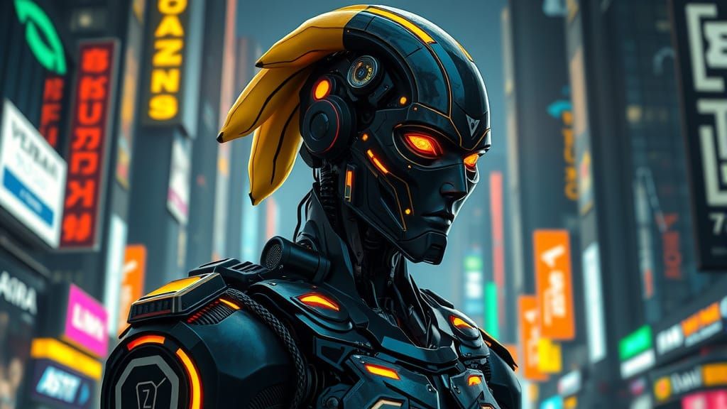 Humanoid Robot in Cyberpunk Cityscape