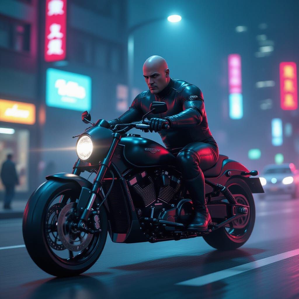 Muscular Man in Catsuit Rides Motorcycle Through Neon City