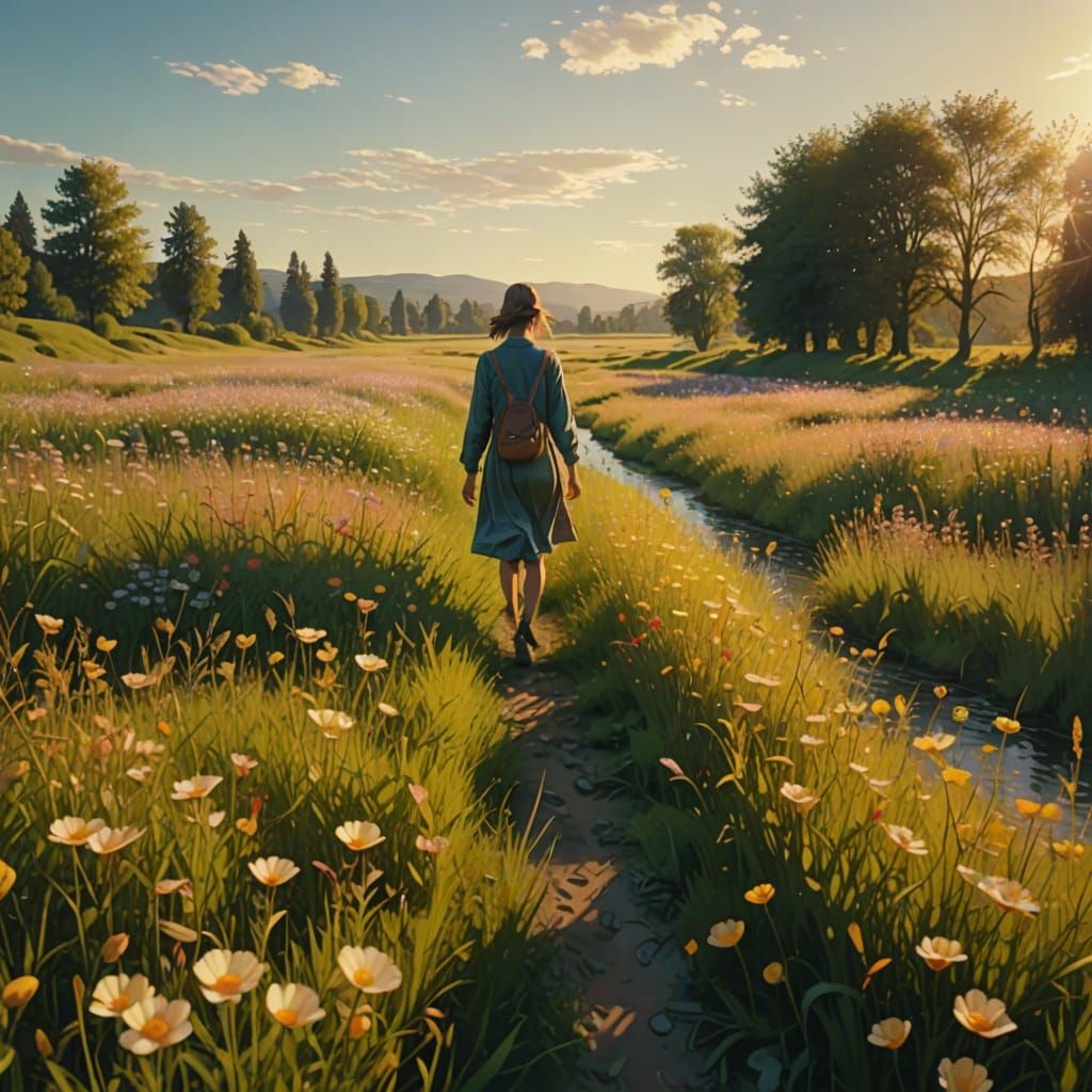 Dreamlike Surrealism: Walker in Vibrant Meadow