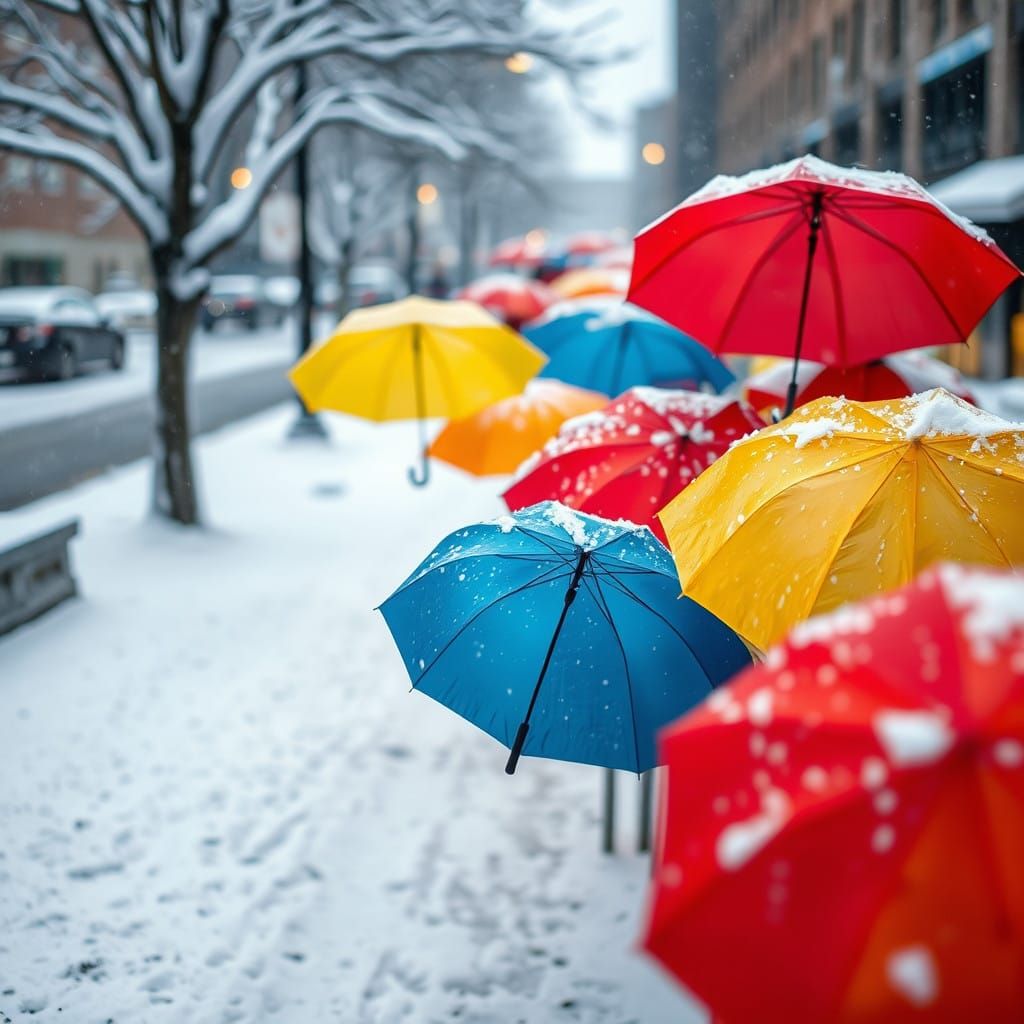 Vibrant Umbrellas Dance in Snowy Street Scene