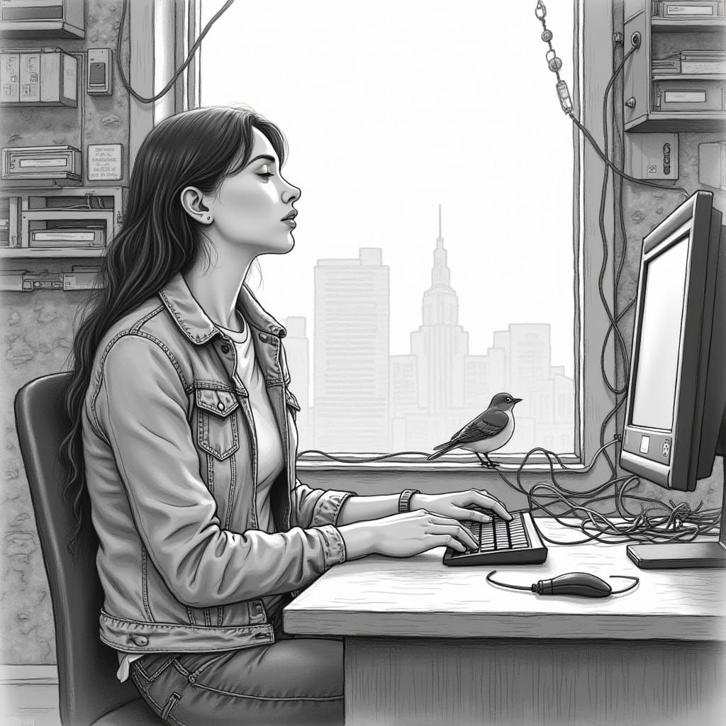 A Young Woman in a Cityscape Office Finds Serenity in Nature...