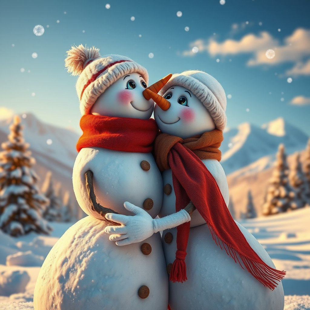 Snowman Couple's Tender Kiss in Winter Wonderland