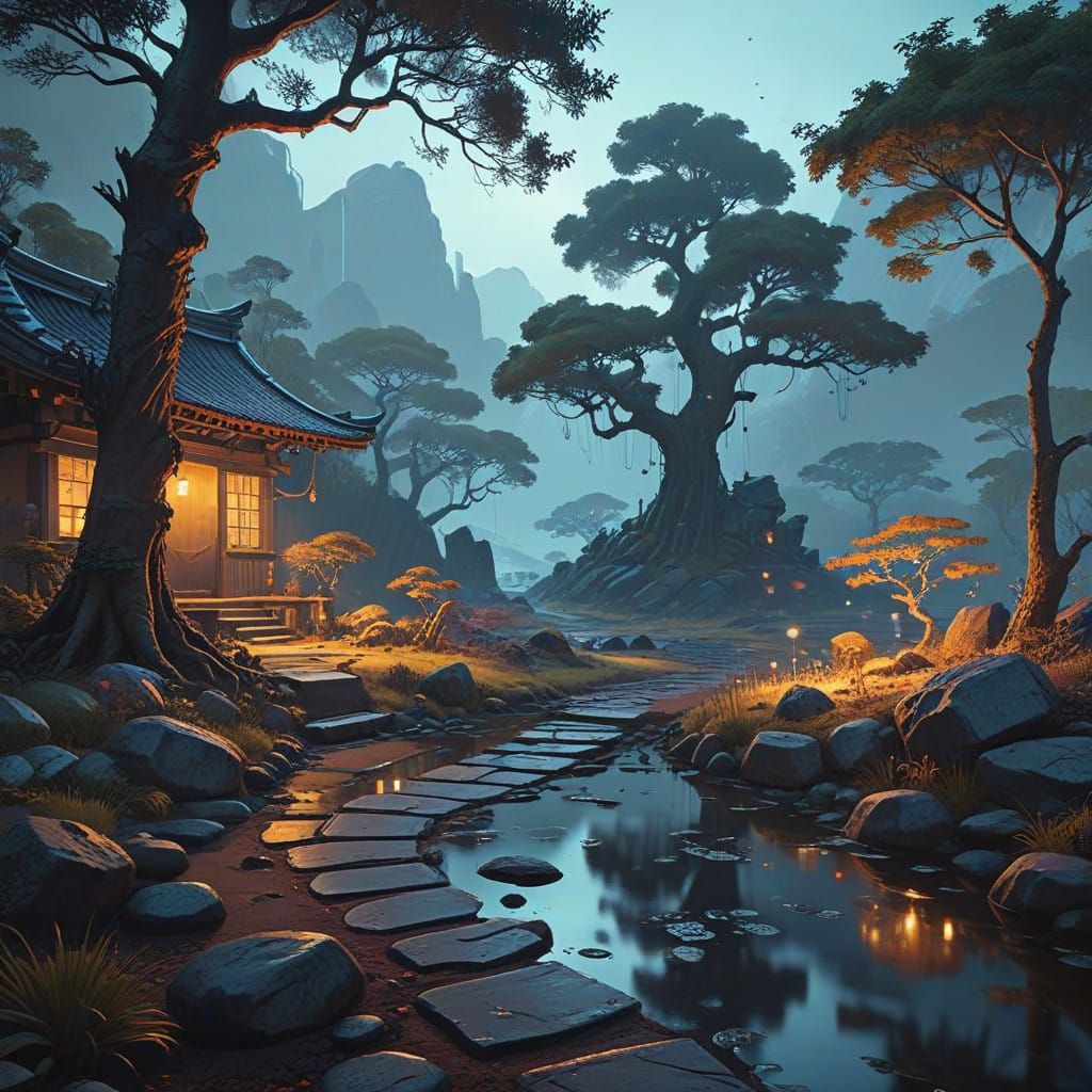 Fantastical Japanese Rock Garden at Dusk