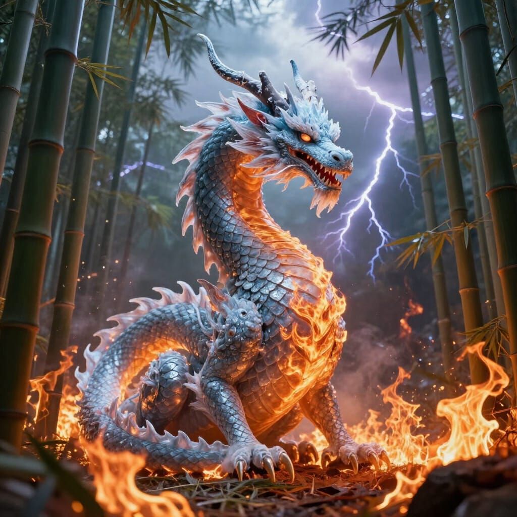 Majestic Dragon of Ice and Fire in Fiery Bamboo Forest