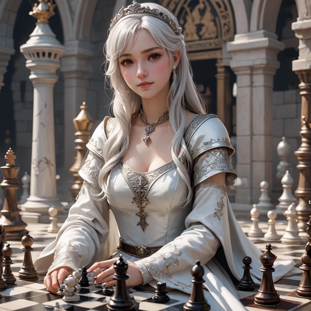 Anime Princess with Chess Piece in 3D Style