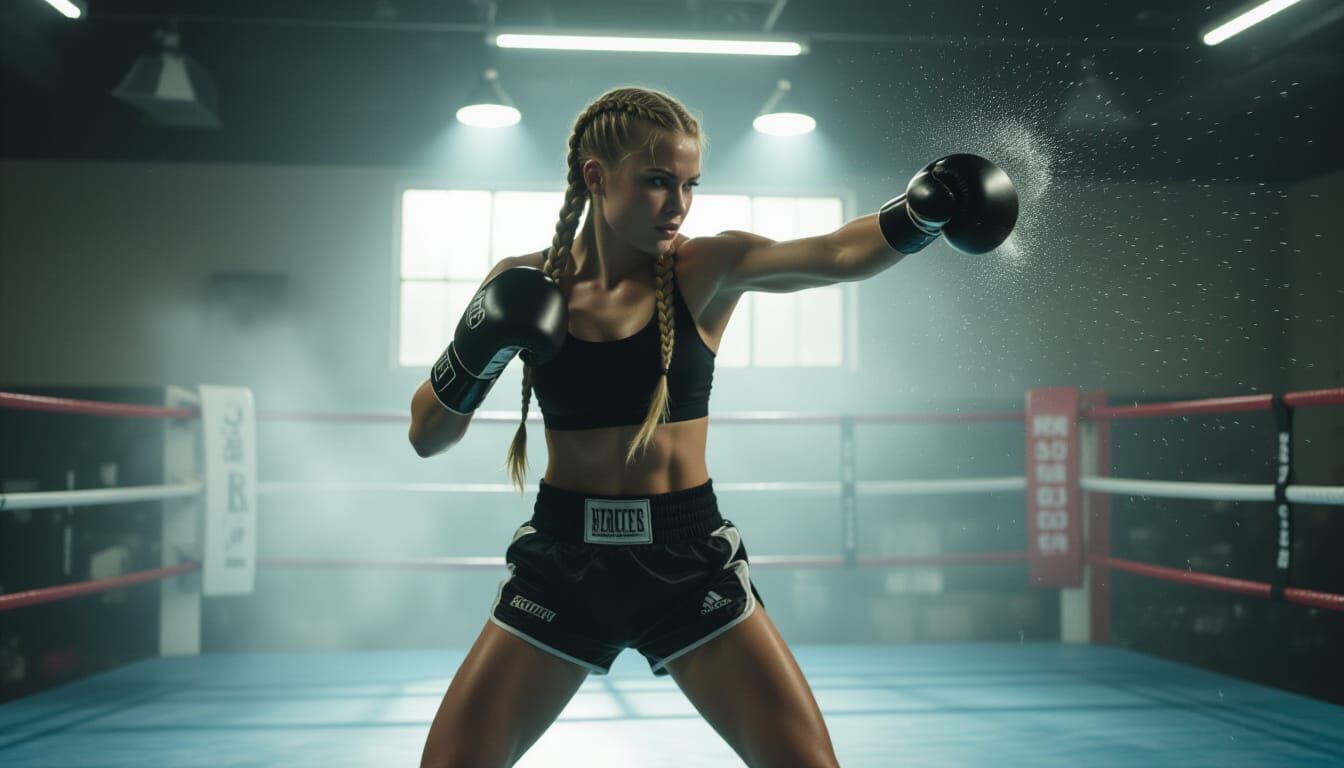 Cinematic Boxing Gym: Athletic Blonde Woman Training
